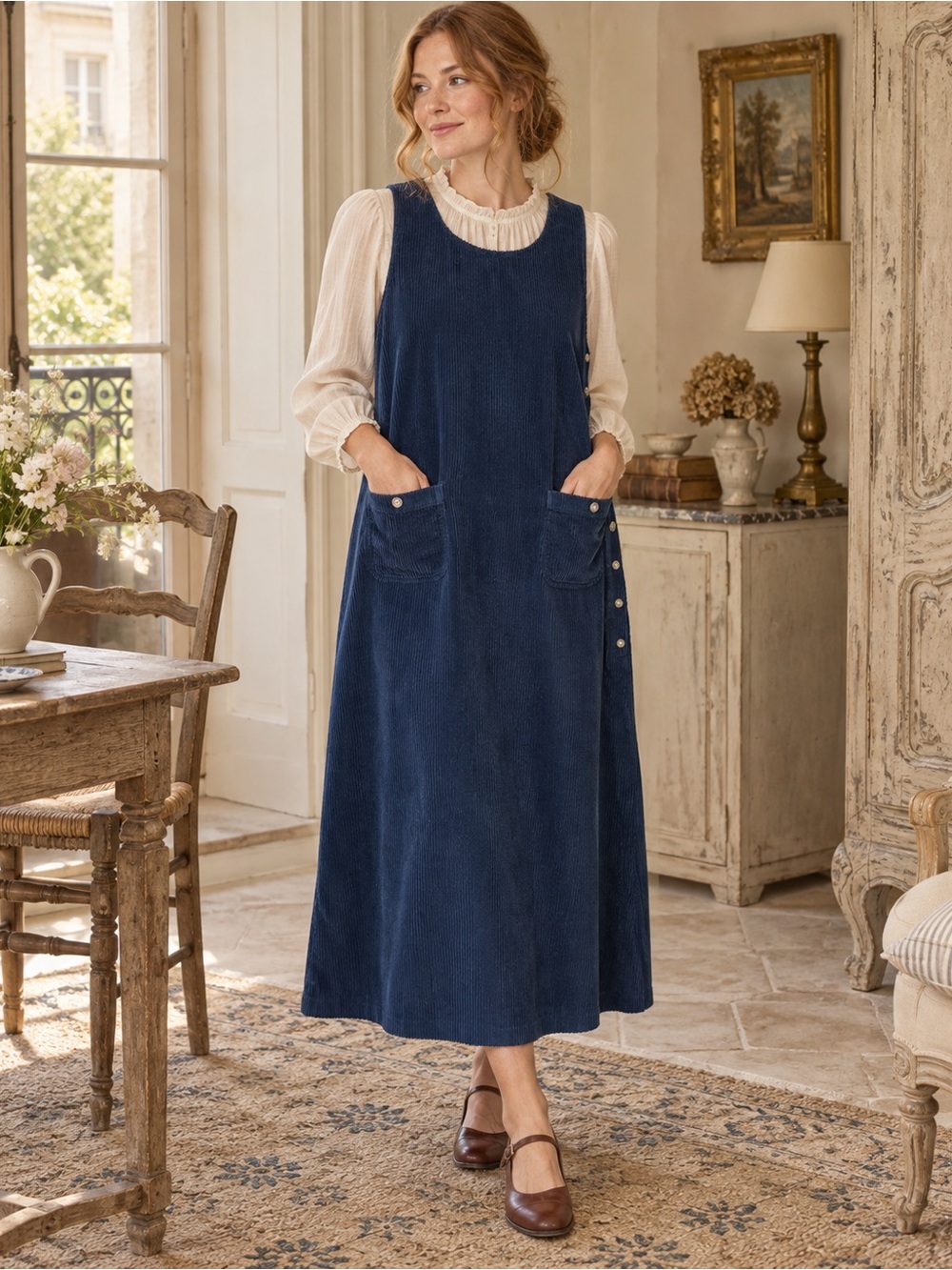 Vintage Talbots Blue Corduroy Jumper Dress Size 10 Cottagecore Pinafore Midi
